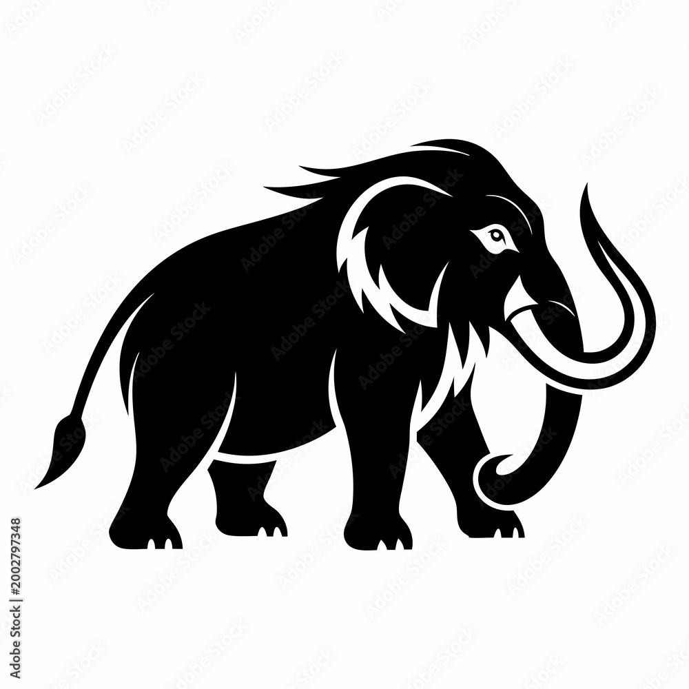 Fototapeta premium A sleek black and white vector illustration of a mammoth standing in a minimalist and stylized design perfect for prehistoric themes or educational materials