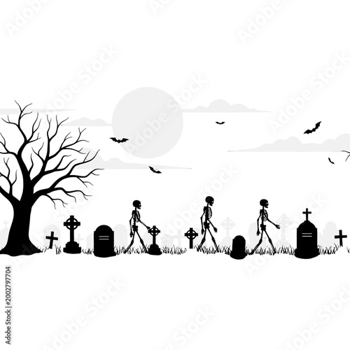 Silhouettes of skeletons walking through a spooky graveyard at night
