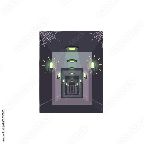 An illustration of a dark hallway with glowing lights and spider webs