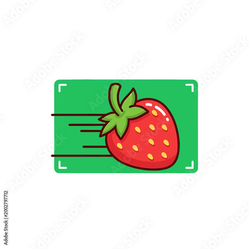 A stylized illustration of a red strawberry moving quickly across a green background