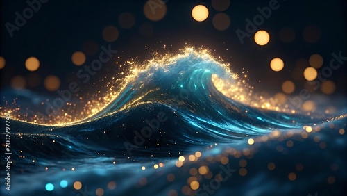 Dreamy ethereal digital art of a glowing ocean wave with golden sparkles and bokeh lights.