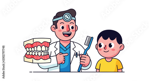 Dentist and child with toothbrush and dental model