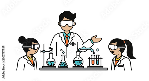 Scientists in laboratory conducting experiment with chemicals