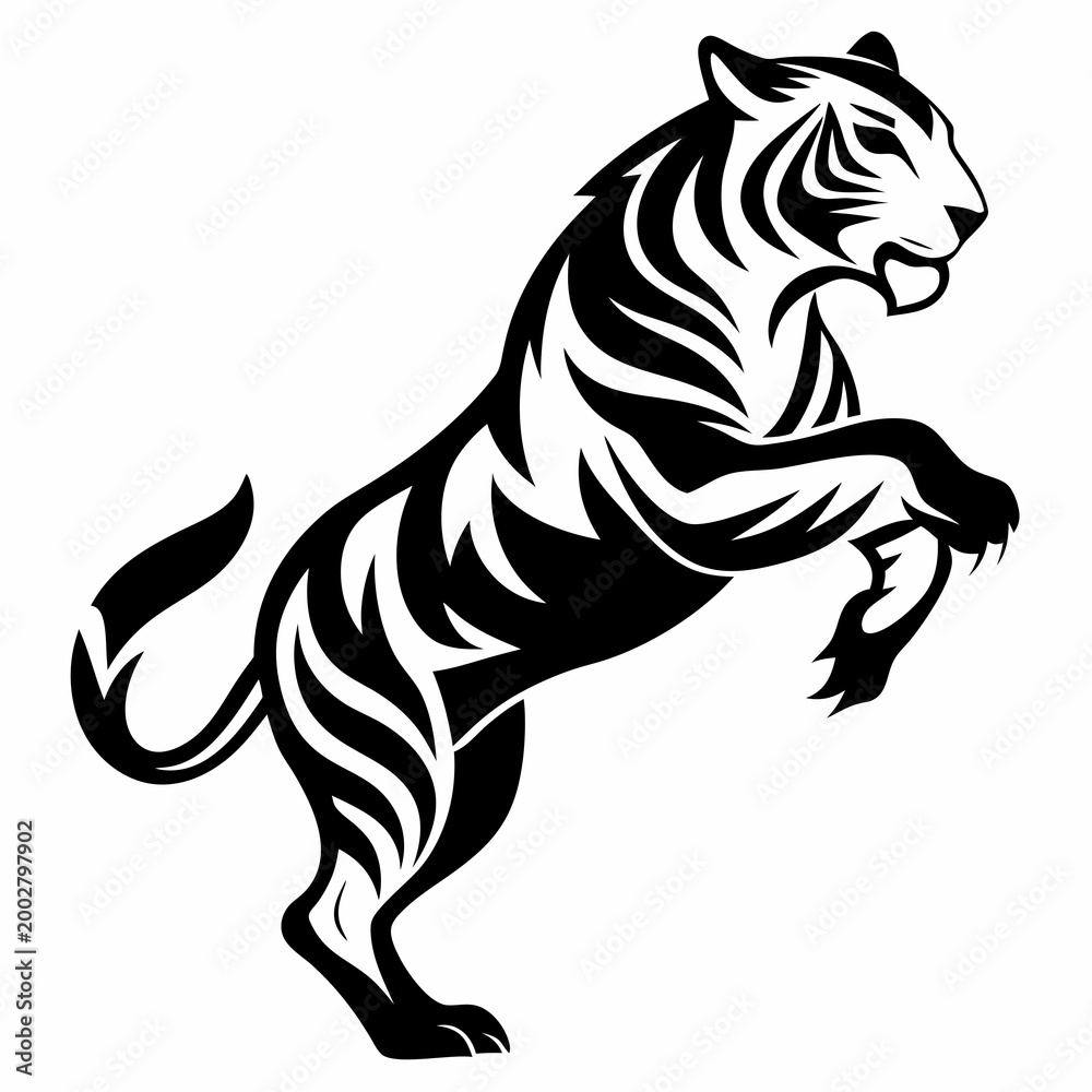 Obraz premium A striking black and white vector illustration of a tiger rearing up on its hind legs in a dynamic and powerful pose for use in logos or graphic design projects