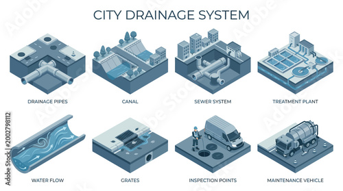 City Drainage System Components with Pipes Canal Sewer Treatment Plant and Maintenance Vehicle