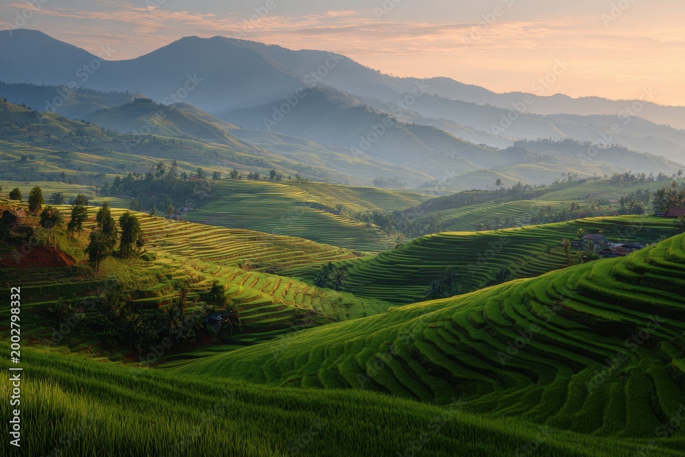 Obraz premium Lush Rice Terraces Bathed in Soft Sunrise Light