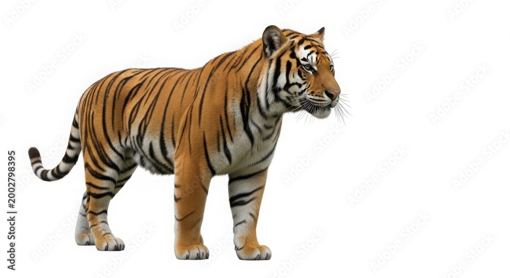 Obraz premium Majestic Bengal tiger standing in profile, powerful wild cat with orange and black stripes, predatory Siberian tiger wildlife photography isolated on White Background