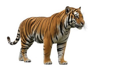 Majestic Bengal tiger standing in profile, powerful wild cat with orange and black stripes, predatory Siberian tiger wildlife photography isolated on White Background