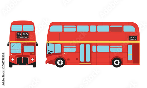 Red London Double Decker Bus Front and Side View Illustration