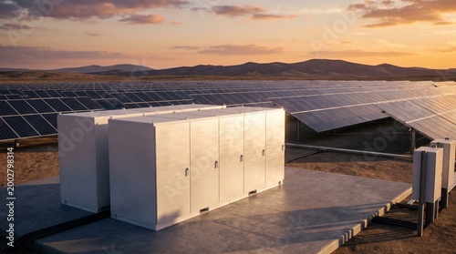Industrial battery energy storage units at a solar power farm during sunset for renewable energy grid sustainability.