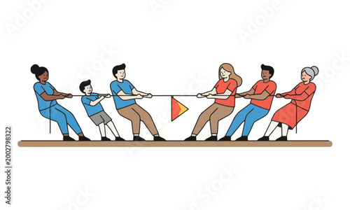 Diverse Group Playing Tug of War Competition on White Background