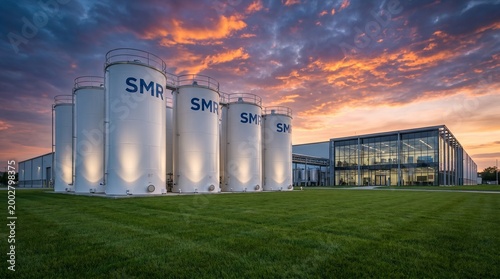 Modern SMR Small Modular Reactor nuclear energy facility with industrial tanks and glass building at sunset, sustainable power plant concept.