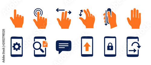 Touch Screen Gesture Icons Set, Smartphone Control Symbols for Mobile Interface Design, Swipe Tap Pinch Scroll and Navigation UI UX Elements for Web Applications and Digital Software User Interaction