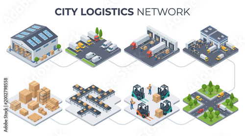 Warehouse Delivery Trucks Forklifts and Road Network for City Logistics