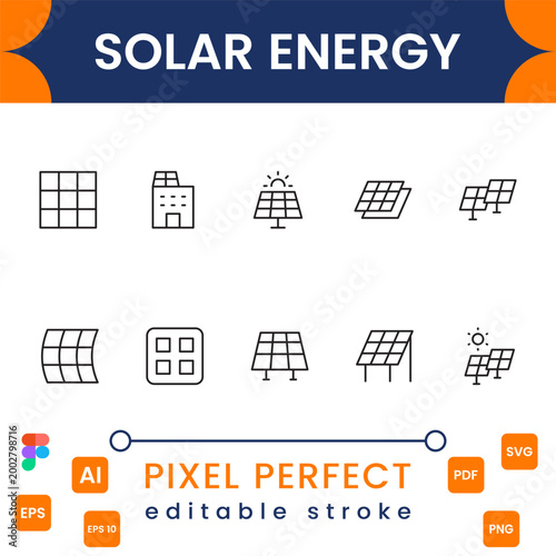 Solar power icon collection with photovoltaic panels, renewable energy, green technology and sustainable electricity symbols modern vector