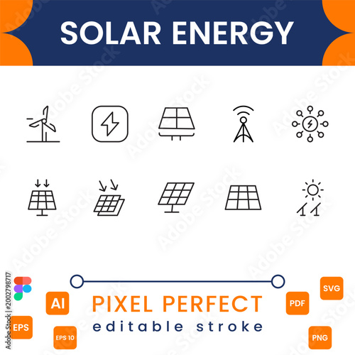 Solar power icon collection with photovoltaic panels, renewable energy, green technology and sustainable electricity symbols modern vector