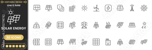 Solar energy icon set with renewable power, solar panels, green energy and sustainable technology symbols modern outline vector