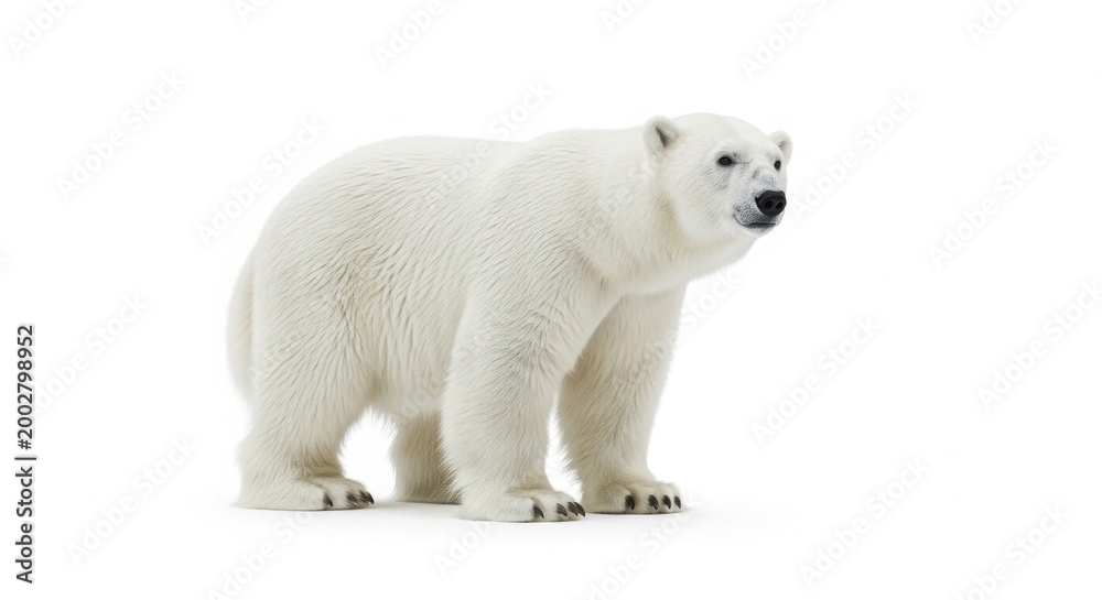 Fototapeta premium Majestic polar bear standing in profile, powerful arctic predator with thick white fur, wild ursus maritimus animal in natural stance isolated on White Background