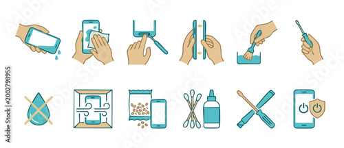 Smartphone Repair and Maintenance Icons Set, Mobile Device Troubleshooting and Cleaning Guide, Step by Step Phone Care Instructions, Water Damage Prevention and Professional Technical Support Symbols