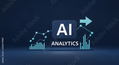 Minimal 3D illustration of text AI Analytics with upward growth graph on dark background.