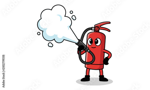 Fire extinguisher mascot spraying foam on white cartoon illustration