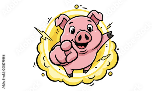 Cartoon Pink Pig Character Pointing Forward on Yellow Badge Mascot
