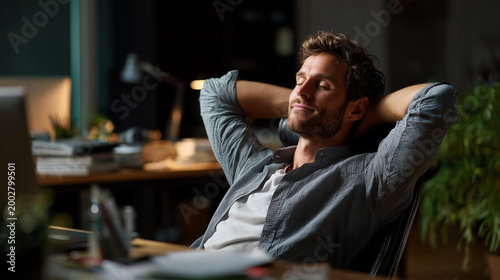  Employee relaxing after completing work representing relief and balance.
