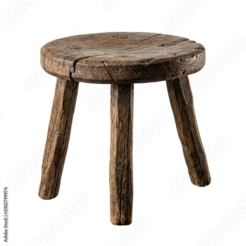 Fotografija Rustic three legged wooden stool with weathered texture