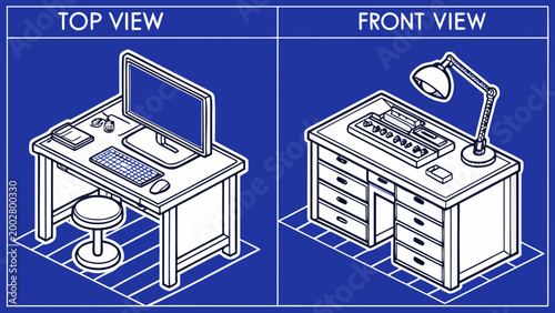 Blueprint style illustration of workspace desk setup with computer and drawers shown from top and front view, technical schematic concept of structure and furniture design