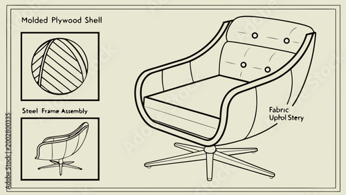 Blueprint style illustration of modern armchair showing internal structure layers and materials, technical schematic concept of furniture construction and design details