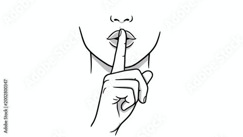Silence gesture with finger on lips line art illustration