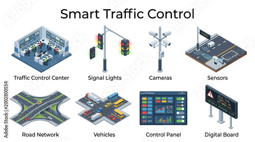 Traffic Control Center Signal Lights Cameras Sensors and Road Network for Smart Traffic Control