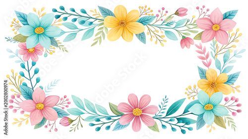 Vibrant watercolor floral frame with colorful wildflowers isolated on transparent background for design
