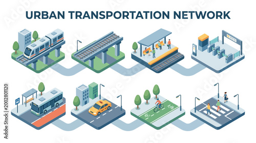 Train Bus Taxi Bicycle Lane Crosswalk and Ticket Gate Urban Transportation Network