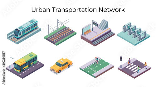 Urban Transportation Network with Train Bus Taxi Bicycle Lane Crosswalk Station and Ticket Gates