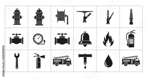 Collection of firefighting equipment and tools icons.