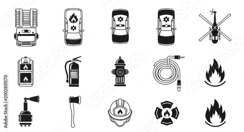 Firefighter equipment and symbols collection vector illustration.