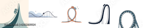 Thrill Ride Roller Coaster Vector Flat Design Amusement Park Loop Track Illustration Set
