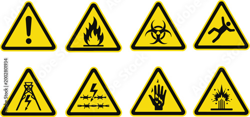 Yellow triangular warning signs with hazard symbols on white background