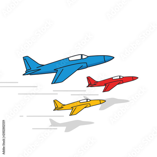 Three colorful jet airplanes flying together in the clear sky