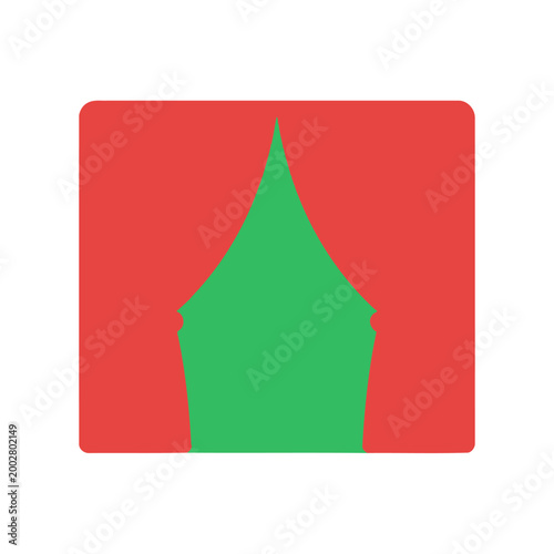 A minimalist graphic illustration featuring a green tent shape on a red background