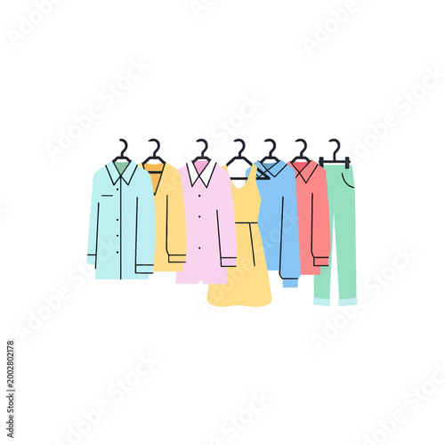 A collection of colorful clothing items hanging on a rack in a row