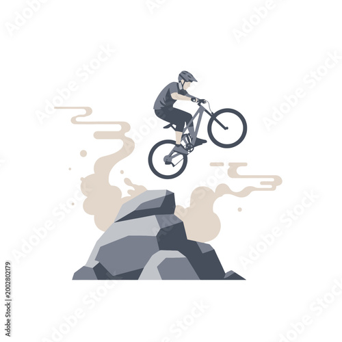 A stylized illustration of a mountain biker jumping over a rocky terrain