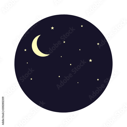 A simple illustration of a crescent moon and stars in the night sky