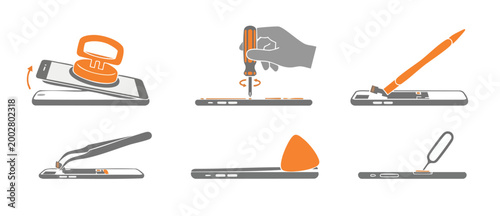 Smartphone Repair Service Icons Set, Mobile Phone Disassembly and Maintenance Steps, Technical Tools for Gadget Fix and Hardware Upgrade Procedure, Professional Electronic Device Service Vector Illust