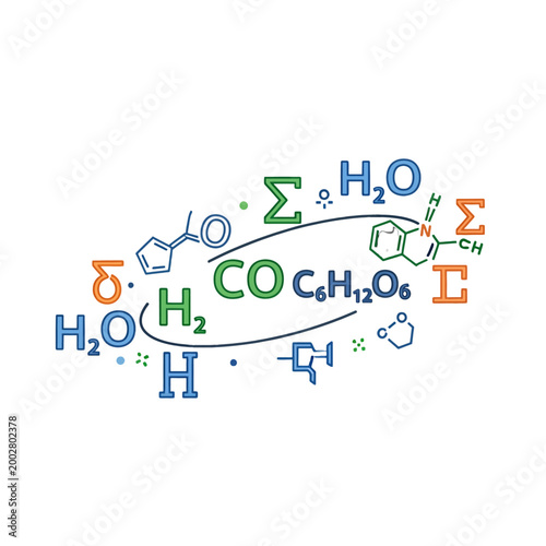 A collection of various chemical formulas and mathematical symbols on white background