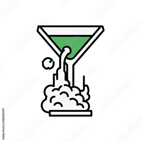 A stylized graphic illustration of a cocktail glass pouring liquid into a cloud