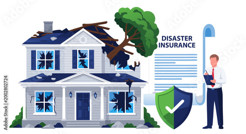 Photos A vector illustration of a damaged house with a shield and insurance document sy