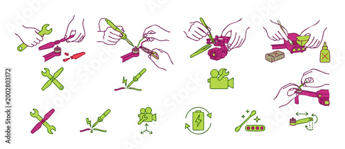 Drone Repair Service Icons Set - Step by Step Maintenance Manual for Quadcopters with Technical Tools for Soldering, Cleaning, and Adjustment Procedures, Flat Vector Illustration Design Elements