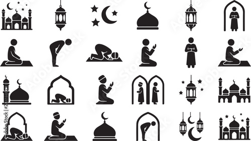 Islamic Prayer Silhouette Icons Set, Muslim Salah Positions, Ramadan Eid Mosque Lantern Symbols Vector Collection